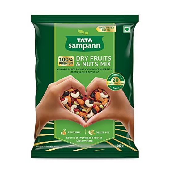 Picture of Tata Sampann Dry Fruits & Nuts Mix (Contains Almonds, Black Raisins, Cashews, Cranberries, Green raisins, and Pistachio kernels), Premium Hand-picked Dry Fruits & Nuts, up to 20 Quality Parameters Tested, 200 g