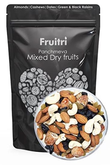 Picture of Fruitri Panchmeva Mixed Dry Fruits 1 Kg-, Healthy Trail Mix dry fruits combo pack contains Almond, Cashew, Dates, Green and Black Raisins, Superfood Nuts and dry fruits