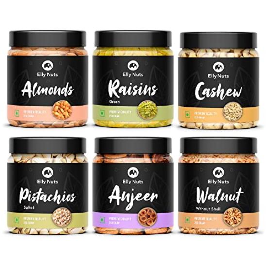 Picture of Elly Nuts Dry Fruits Combo Pack 250 gms Each Total Weight 1.5 Kg (California Almonds, Green Raisins, Cashew Nuts, Pistachios, Anjeer & Walnut) - Healthy Dry Fruits [Jar Pack]