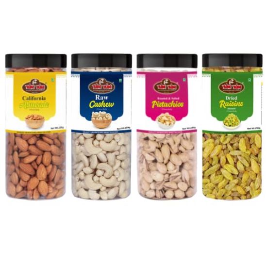 Picture of YUM YUM Premium Daily Needs Fresh and Healthy Dry Fruits Combo Pack 1Kg (Almonds 250g, Cashews 250g, Pistachios 250g & Kishmish Raisins 250g) Jar Each
