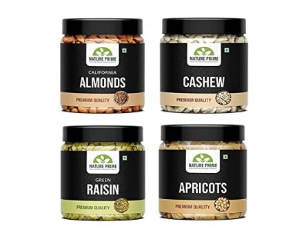 Picture of Nature Prime Fresh and Healthy Premium Raw Nuts Dry Fruits Combo Pack of Almond, Cashew, Raisin, Apricot Jar Pack (200g * 4) 800G