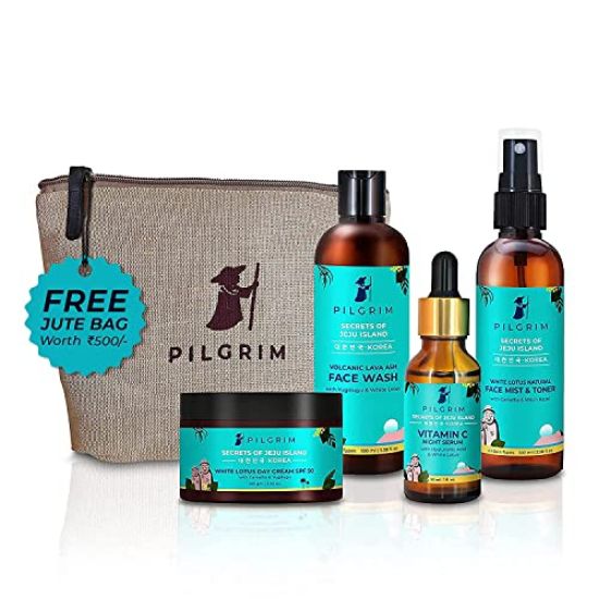 Picture of Pilgrim Korean Beauty Flawless Skin Face Care Kit With Vitamin C Night Serum & Jute Kit Bag | Daily Face Wash 100 Ml, Refreshing Face Mist & Toner 100 Ml, Brightening Day Cream Spf50 100 Gm