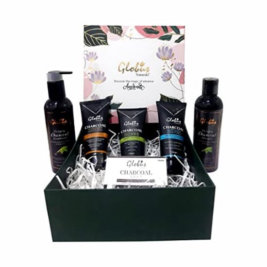 Picture of Globus Naturals Charcoal Detox Gift Box, Set Of 6 - Face Wash, Face Scrub, Peel off mask, Shampoo, Conditioner, Soap, For Oily, Combination, Sensitive & Acne Prone Skin, Both Men & Women