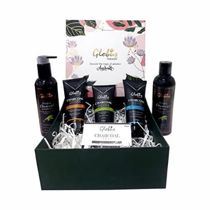 Picture of Globus Naturals Charcoal Detox Gift Box, Set Of 6 - Face Wash, Face Scrub, Peel off mask, Shampoo, Conditioner, Soap, For Oily, Combination, Sensitive & Acne Prone Skin, Both Men & Women