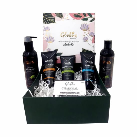 Picture of Globus Naturals Charcoal Detox Gift Box, Set Of 6 - Face Wash, Face Scrub, Peel off mask, Shampoo, Conditioner, Soap, For Oily, Combination, Sensitive & Acne Prone Skin, Both Men & Women